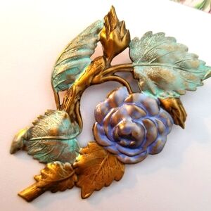 Vintage brooch lavender rose broach antiqued gold tone pin floral
